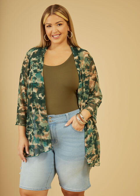 Camo Open Front Mesh Duster, Green image number 2