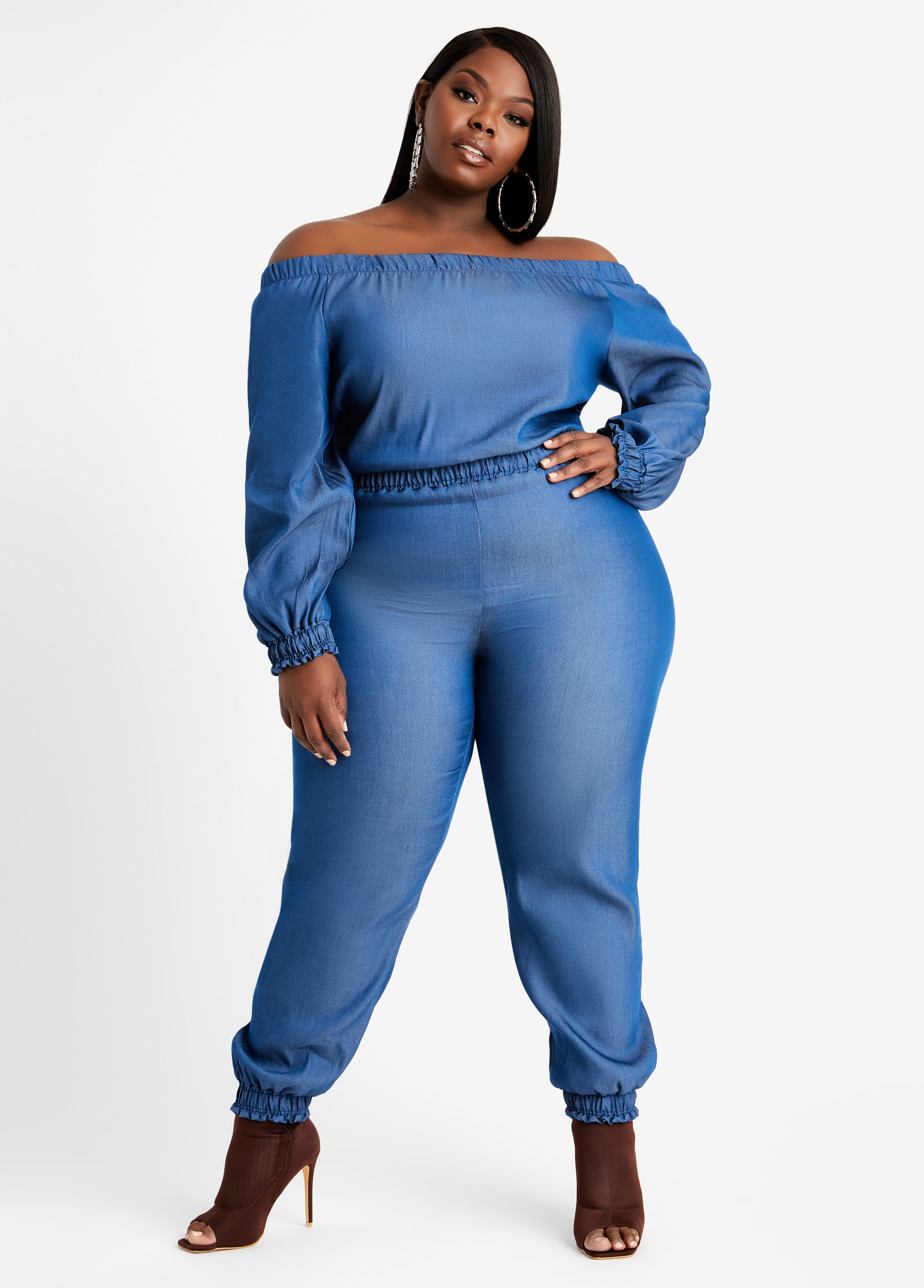 blue jean off the shoulder jumpsuit