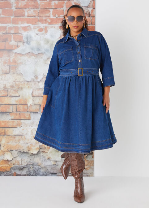 Belted Denim A Line Dress, Dk Rinse image number 3