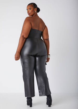 Strapless Faux Leather Jumpsuit, Black image number 1