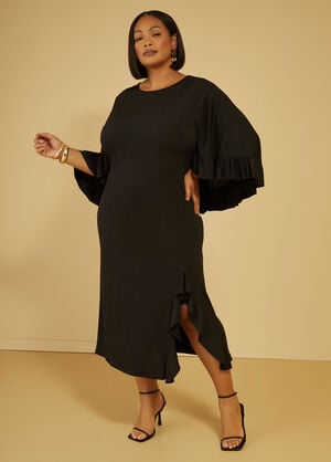Ruffled Cape Effect Bodycon Dress, Black image number 0