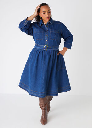 Belted Denim A Line Dress, Dk Rinse image number 0