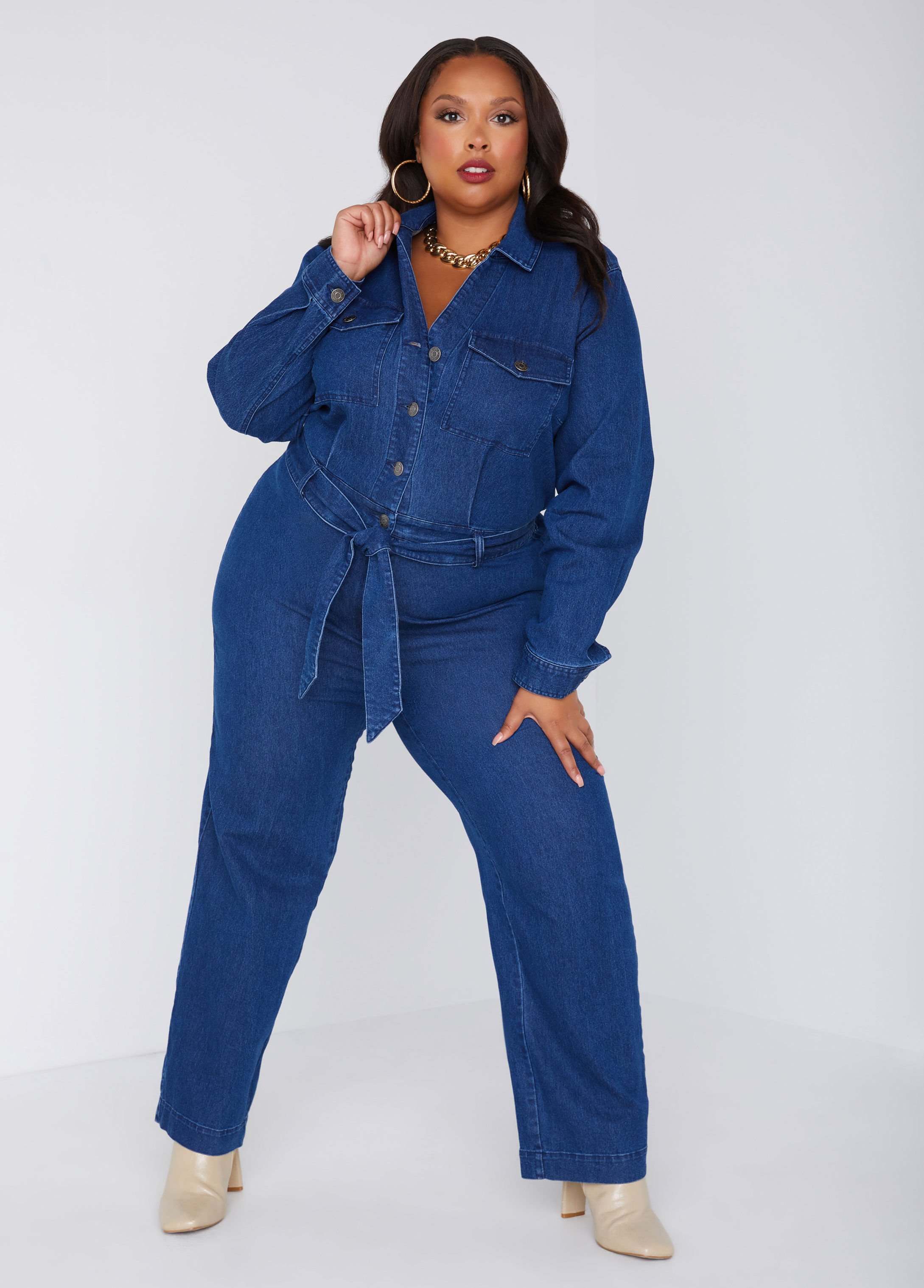 Plus size denim wide fashion leg jumpsuit