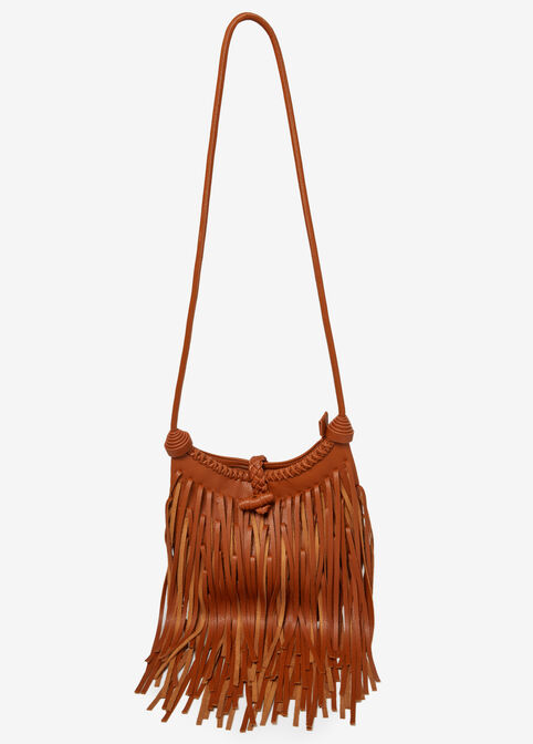 Fringed Faux Leather Bag, Cognac image number 0