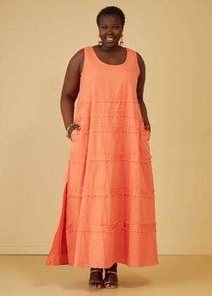 Frayed Linen Blend Maxi Dress, LIVING CORAL image number 0