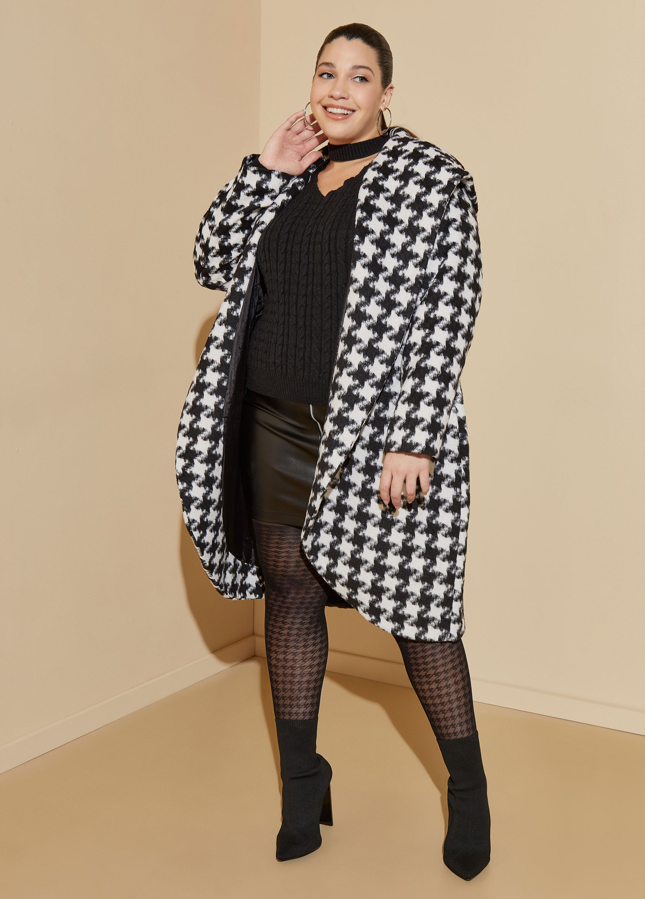 Plus Size Houndstooth Faux Wool Coat Trendy Plus Size Peacoats