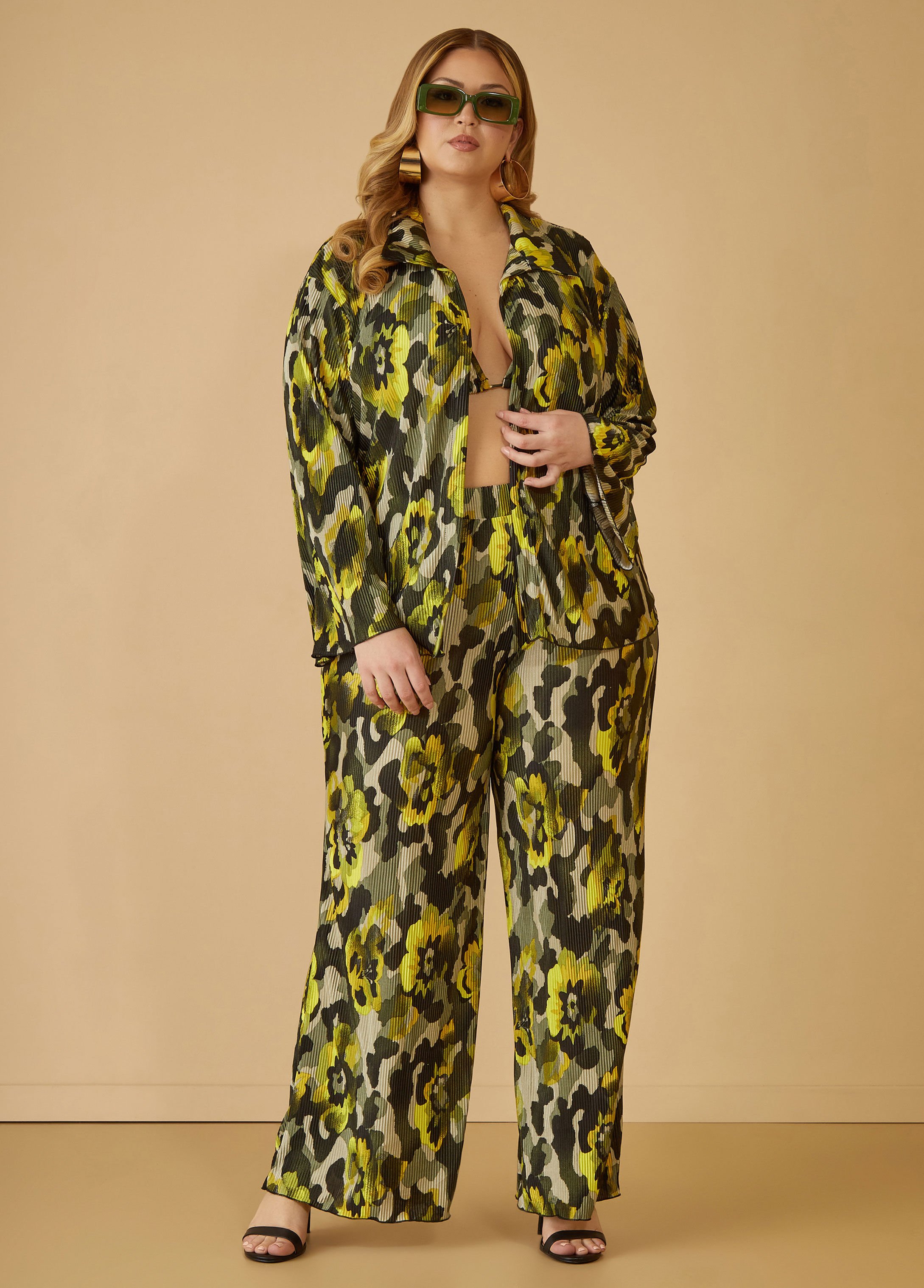 Printed Plisse Wide Leg Pants