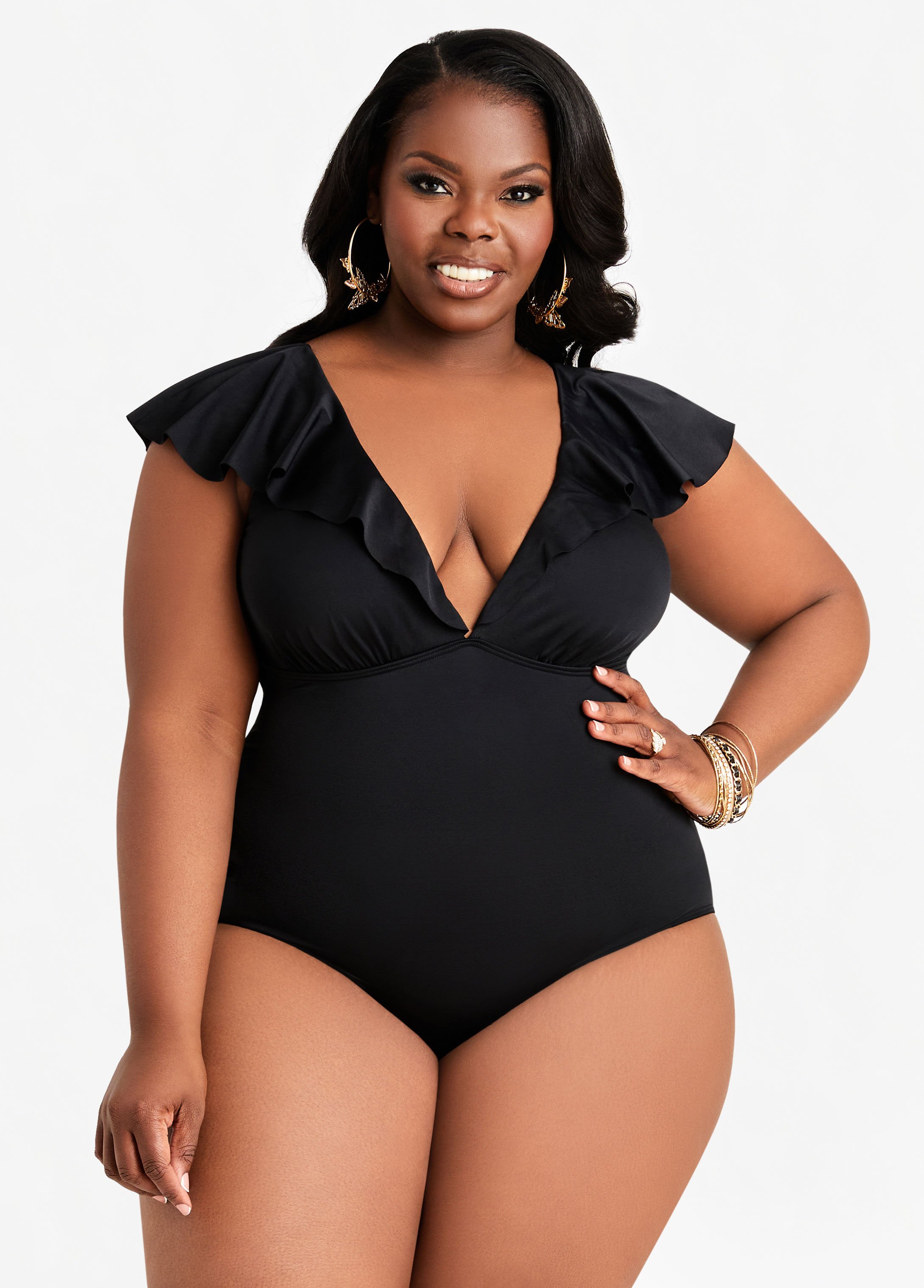 Plus Size Flutter Sleeve Swimsuit Plus Size Tummy Control Swim