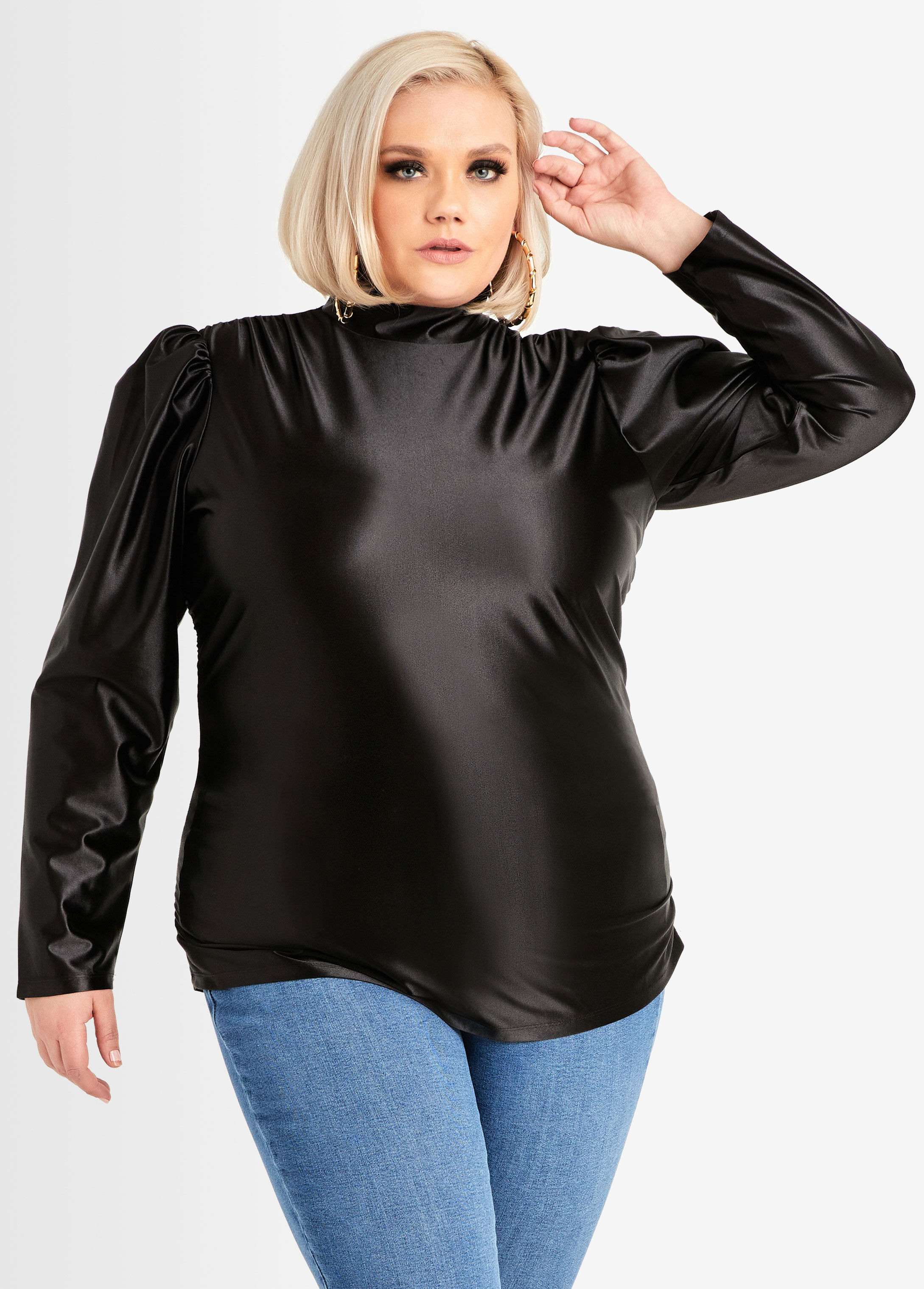 Ruched Puff Sleeve Satin Top