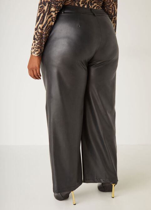 Faux Leather Straight Leg Trousers, Black image number 1