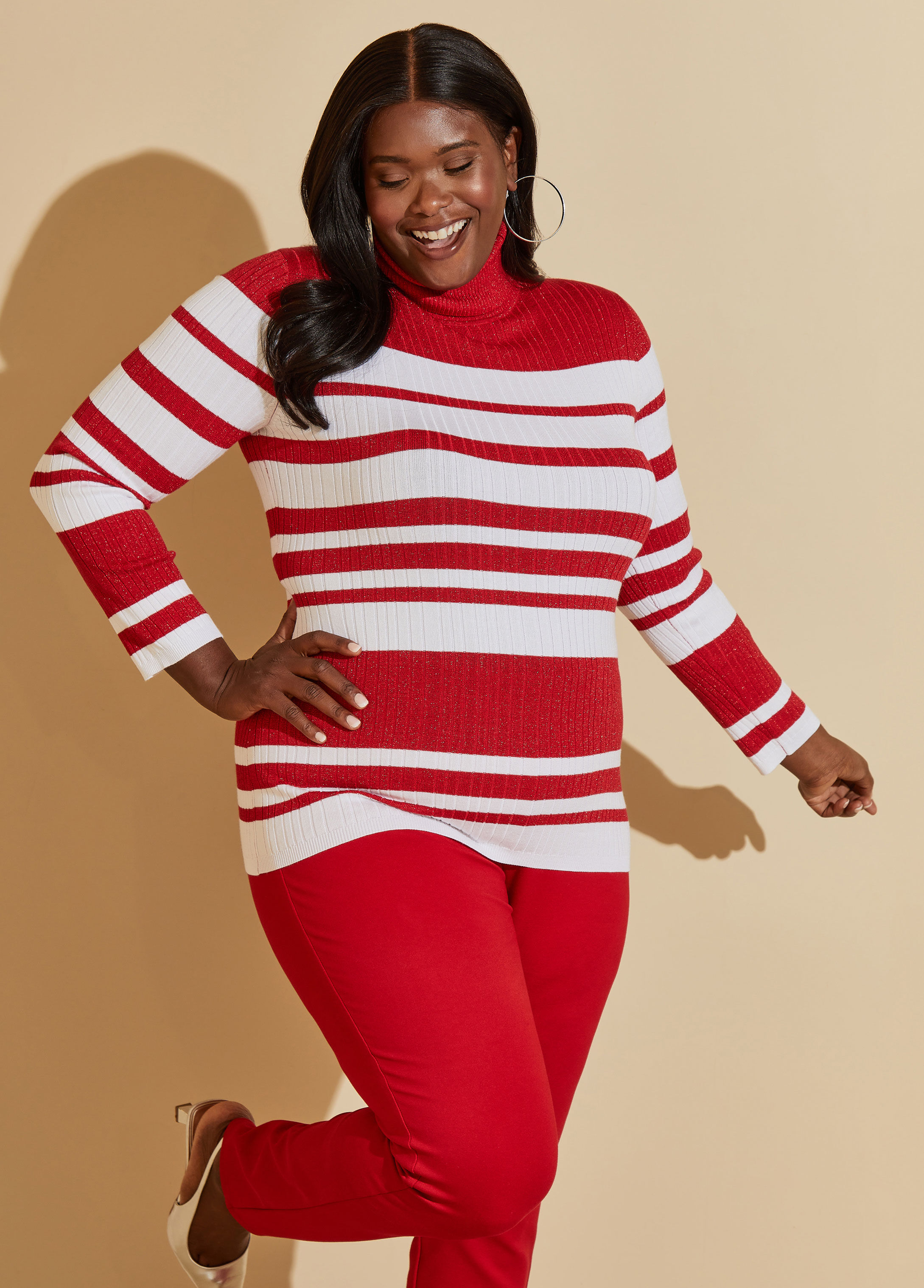 Plus Size Classic Striped Metallic Ribbed Knit Turtleneck Sweater