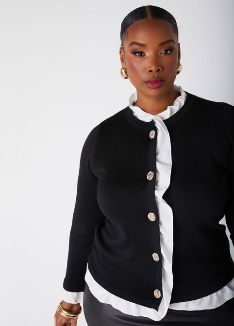 Ruffle Trimmed Cardigan, Black image number 2