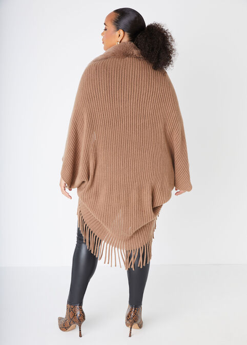 Fringed Faux Fur Trimmed Ruana, Iced Coffee image number 1