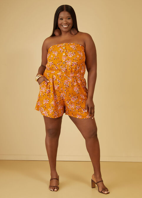 Floral Print Strapless Romper, Golden Yellow image number 3