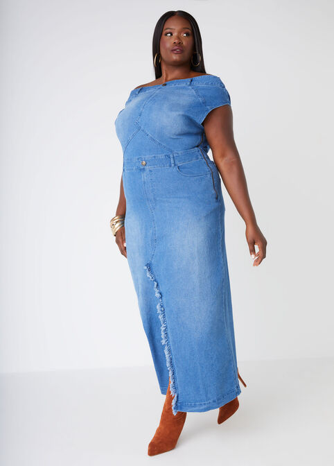 Off The Shoulder Denim Maxi Dress, Denim Blue image number 2