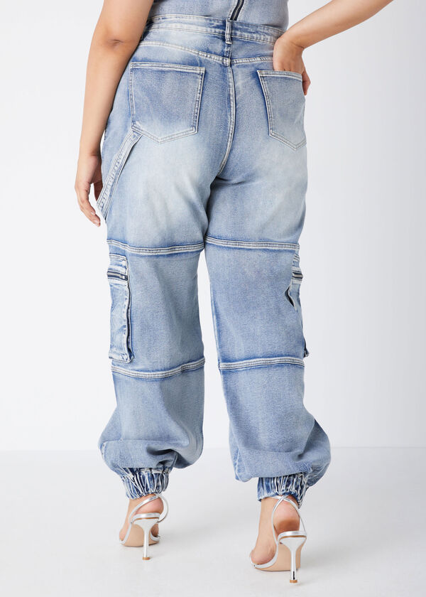 High Rise Denim Cargo Joggers, Blue image number 1