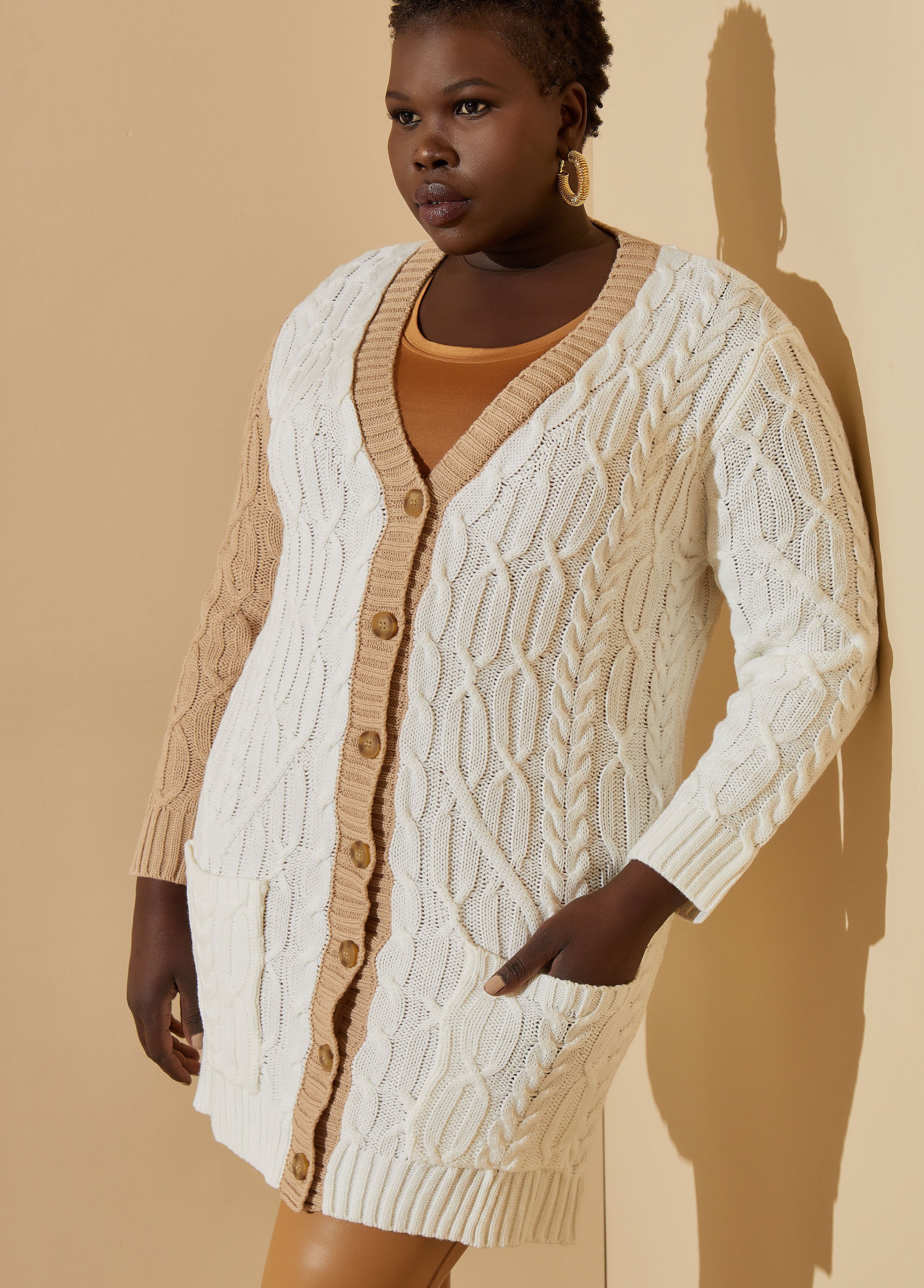 Plus Size Two Tone Cable Knit Cardigan Plus Size Layer Sweater