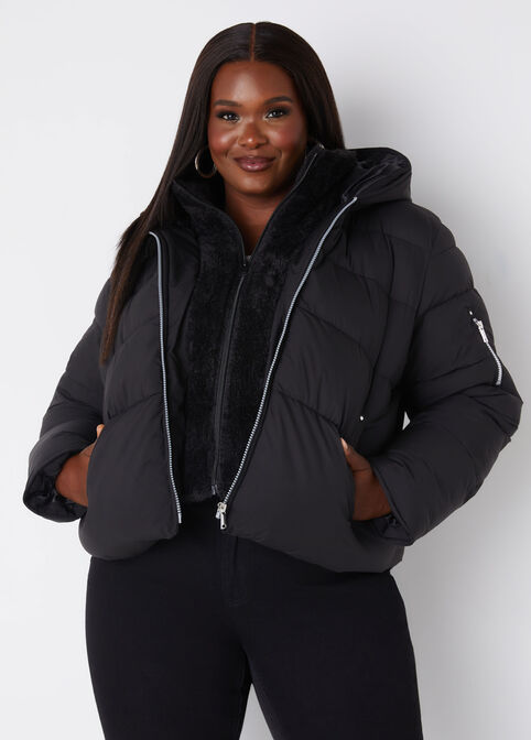 Faux Fur Trimmed Puffer Jacket, Black image number 2