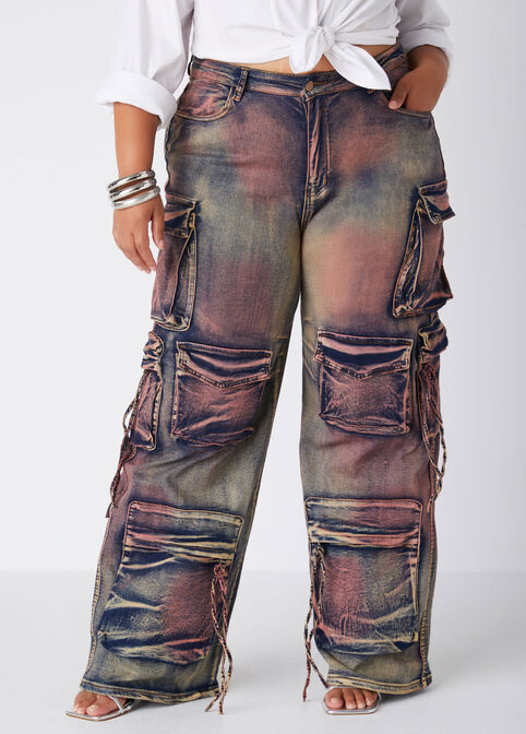 Whiskered Wide Leg Cargo Jeans, Orange image number 0