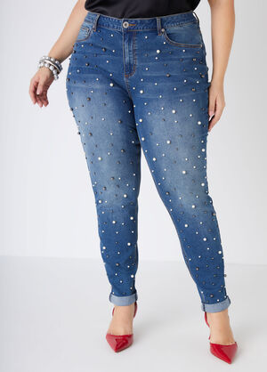 Faux Pearl Skinny Jeans, Dk Rinse image number 0