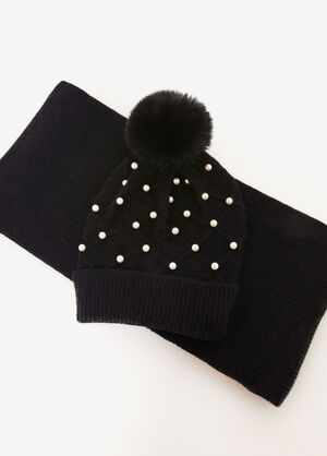 Faux Pearl Hat & Scarf Gift Set, Black image number 1