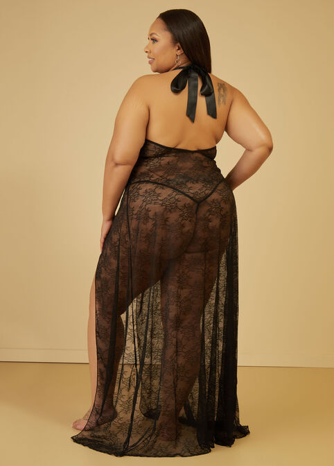 Floral Lace Lingerie Gown Set, Black image number 1