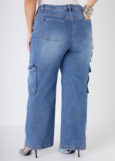 Mid Rise Cargo Jeans, Medium Blue image number 1