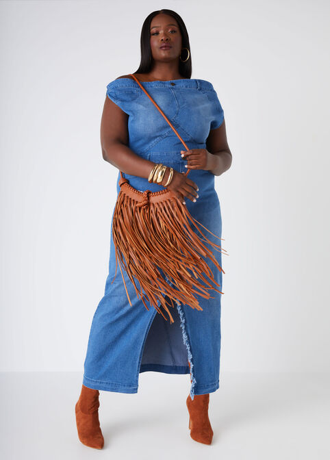 Off The Shoulder Denim Maxi Dress, Denim Blue image number 5