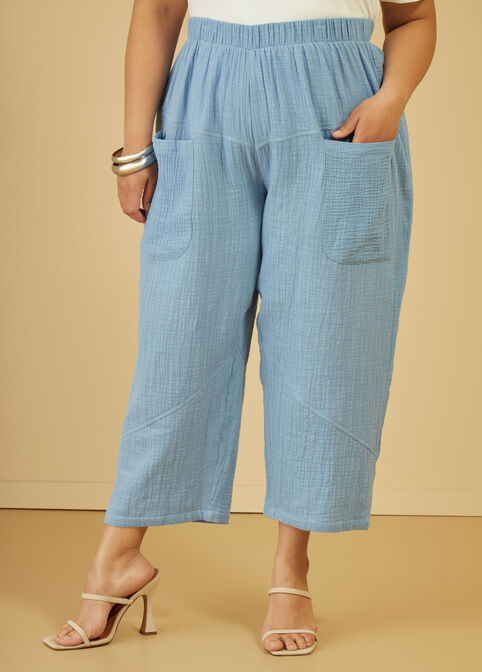 Cropped Cotton Gauze Pants, Blue image number 2