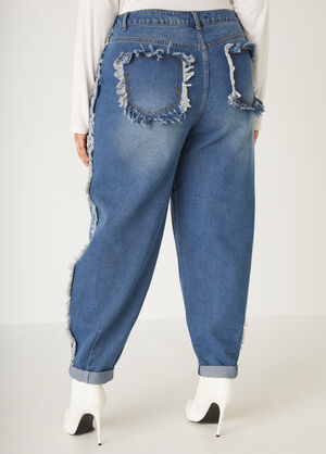 Mid Rise Frayed Barrel Jeans, Medium Blue image number 1