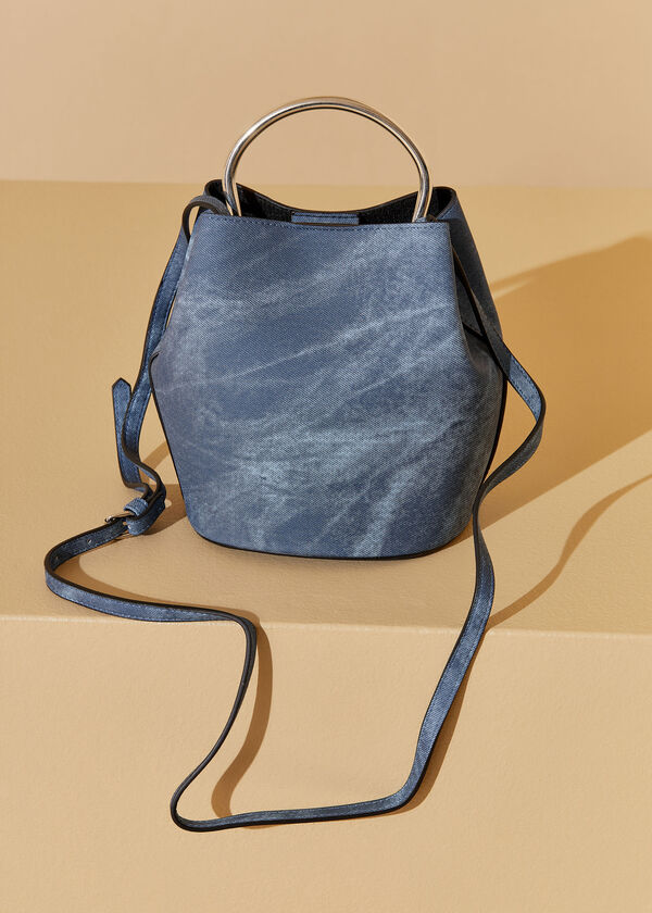 Trendy Denim Faux Leather Bucket Bag Top Handle Mini Jean Handbag