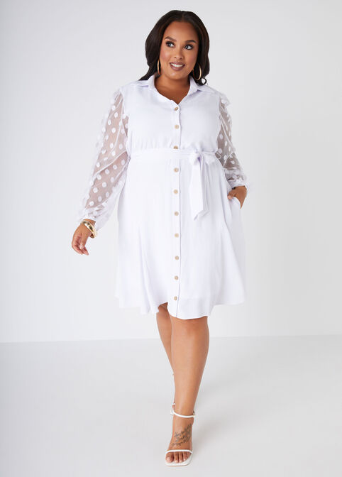 Dotted Mesh Sleeved Shirtdress, White image number 3