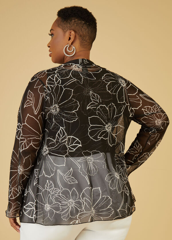 Floral Print Mesh Duster, Black White image number 1