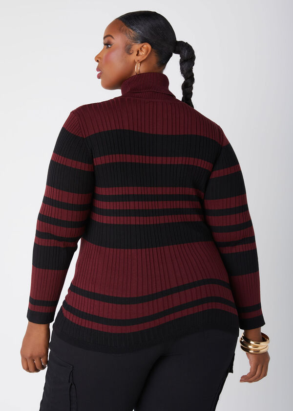 Striped Ribbed Turtleneck Sweater, Tawny Port image number 1