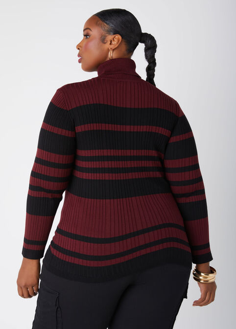 Striped Ribbed Turtleneck Sweater, Tawny Port image number 1