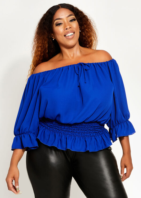 Plus Size Off The Shoulder Tie Neck Smocked Peasant Blouse Sexy Top