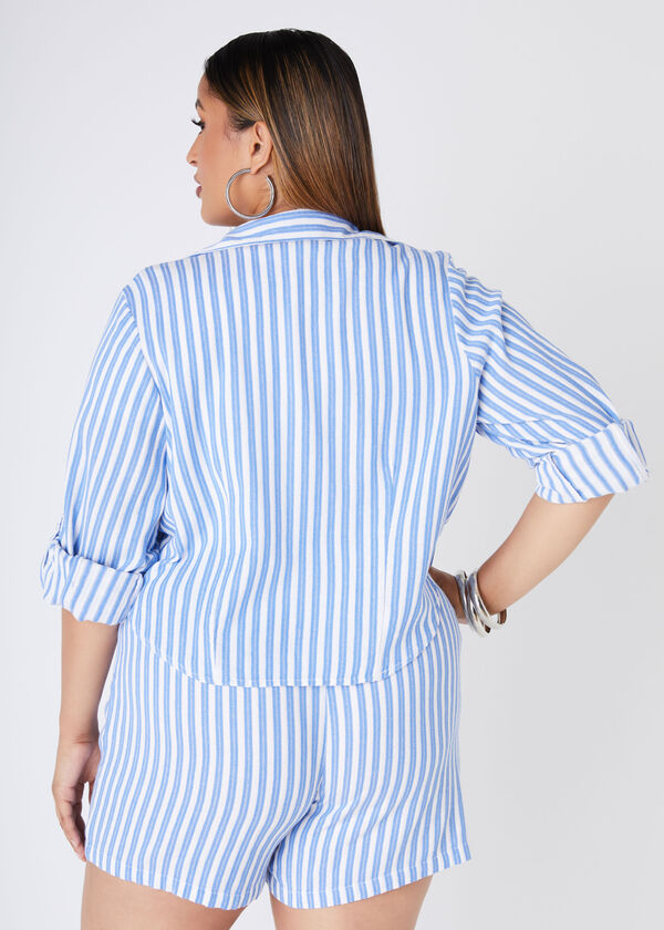 Cropped Striped Gauze Shirt, Blue image number 1