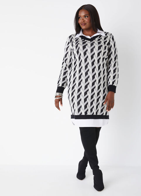 Paneled Intarsia Knit Dress, Black Combo image number 0