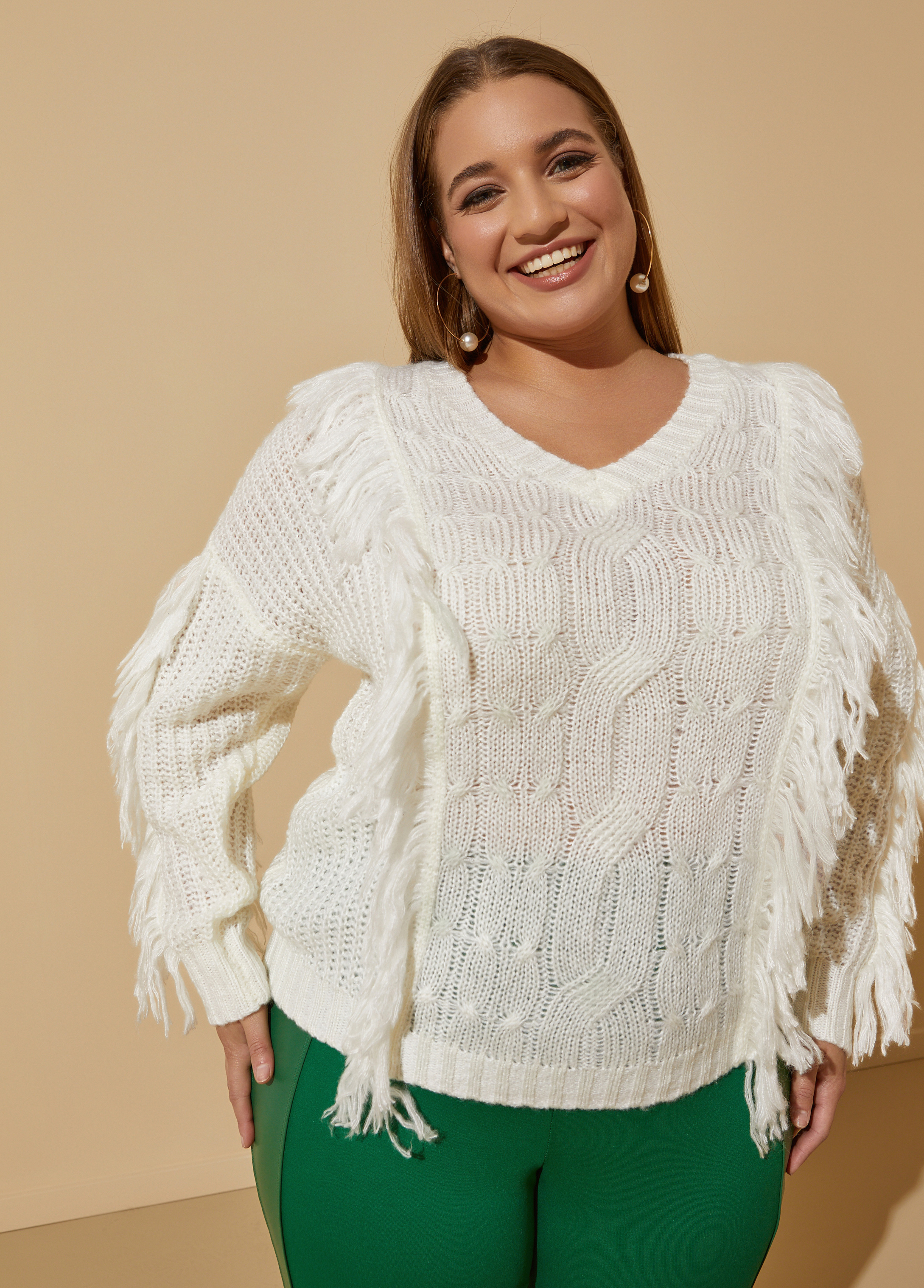 Plus Size Fringed Cable Knit Sweater, WHITE, 22/24 - Ashley Stewart