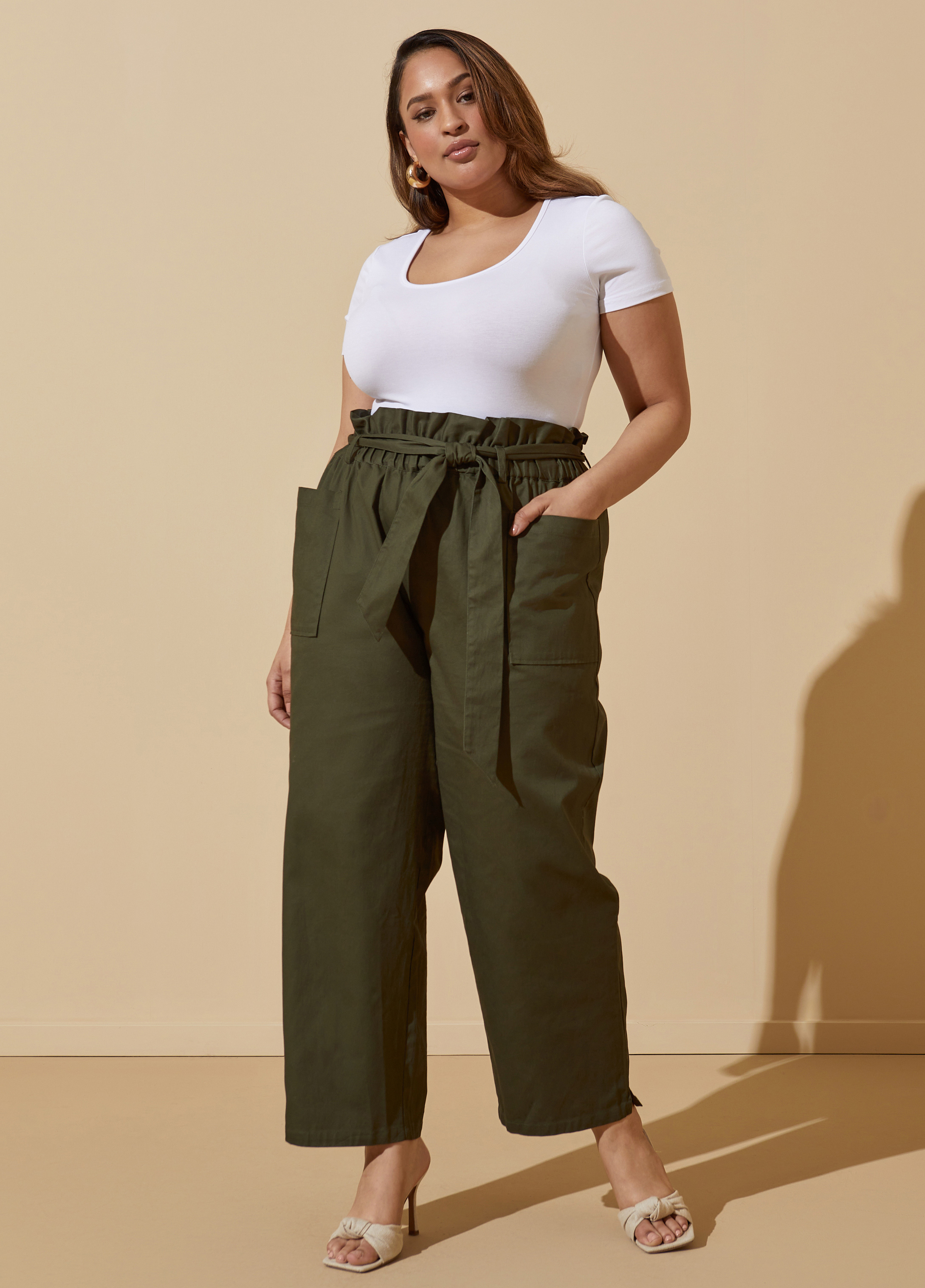 Plus Size High Rise Cotton Paperbag Pants, GREEN, 36 - Ashley Stewart