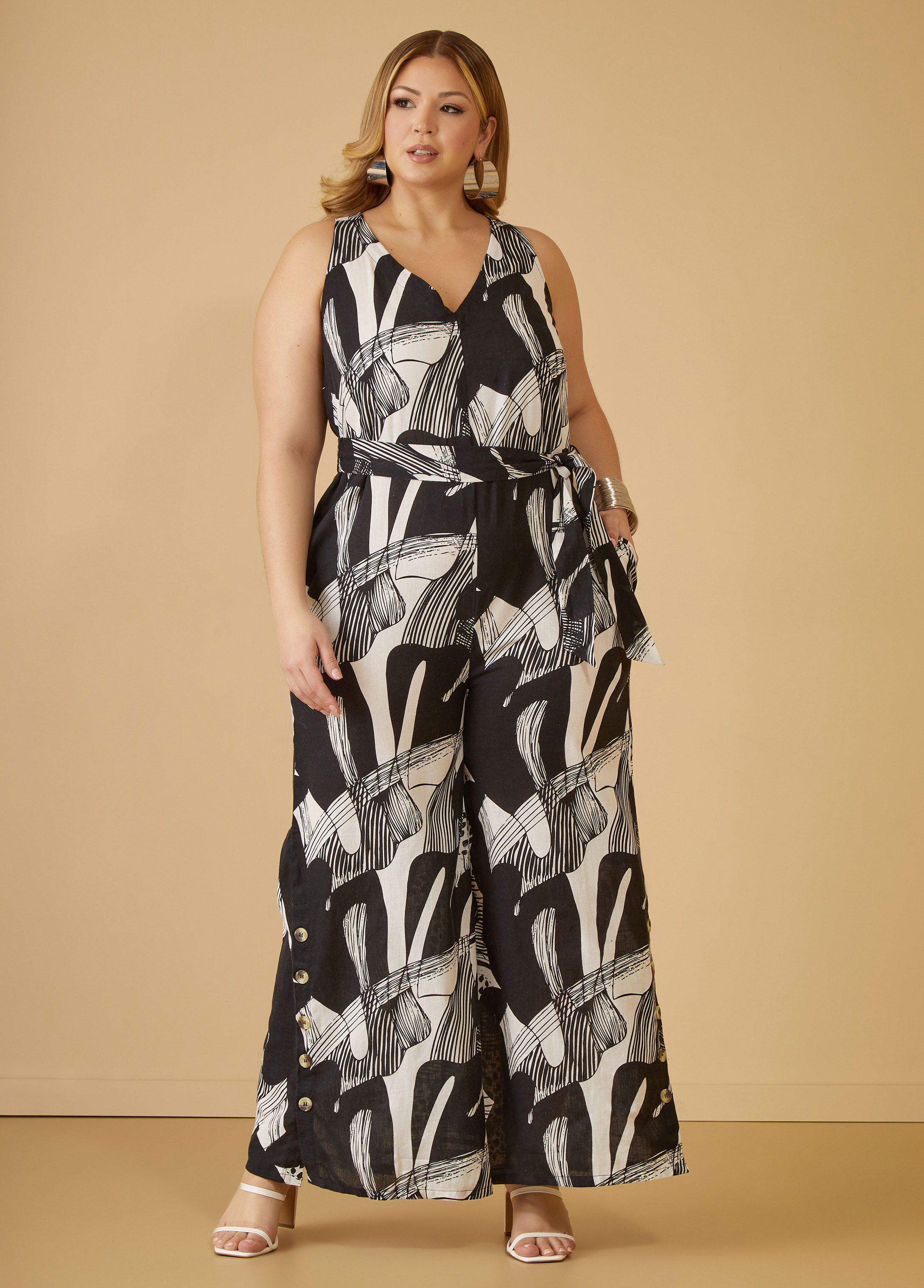 Abstract Linen Blend Wide Leg Jumpsuit