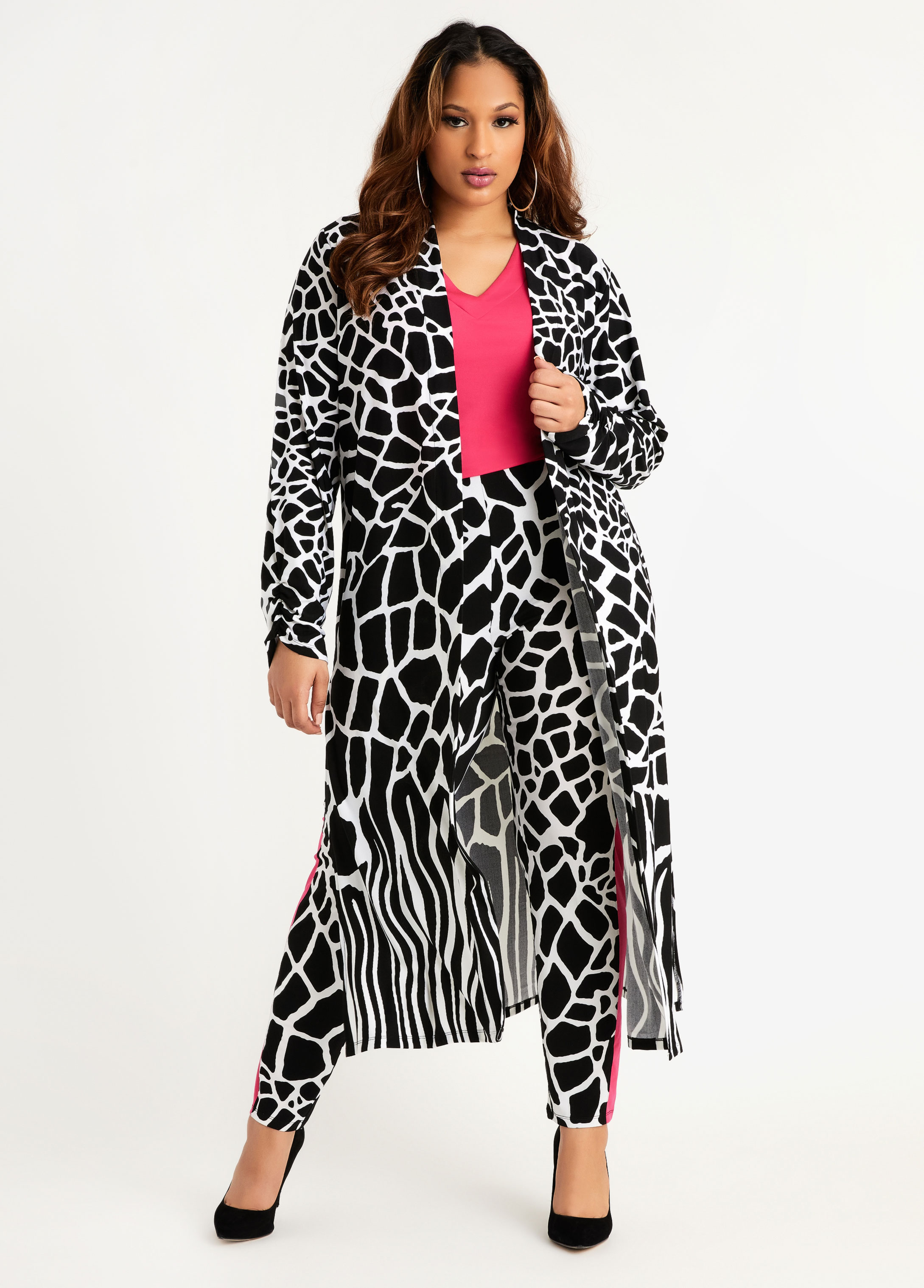 Plus Size Signature Animal Print Ruched Sleeve Open Duster Cardigan   041 SG F6925P 0010 Front 