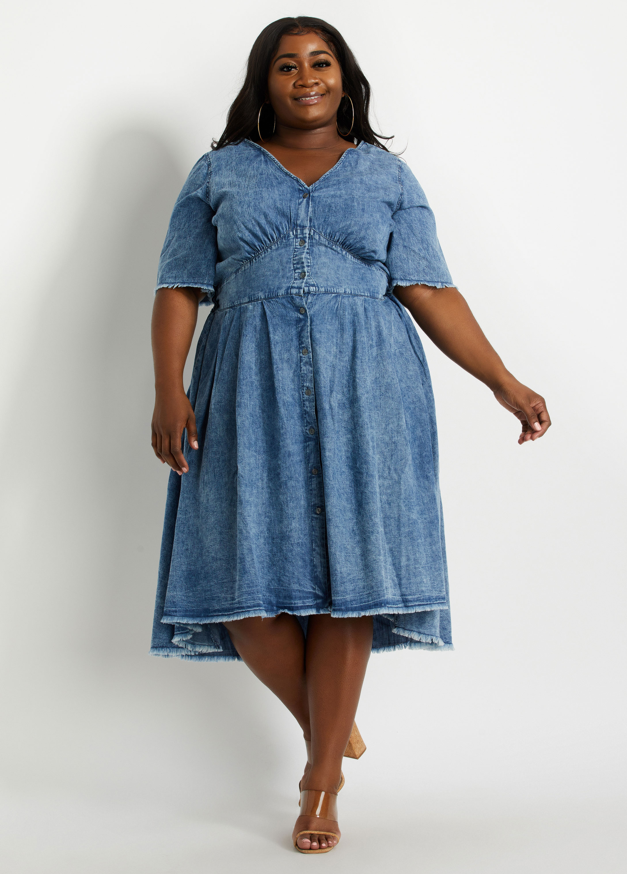 Plus Size Acid Wash Denim Corset Waist Frayed Hi Low Summer Dresses