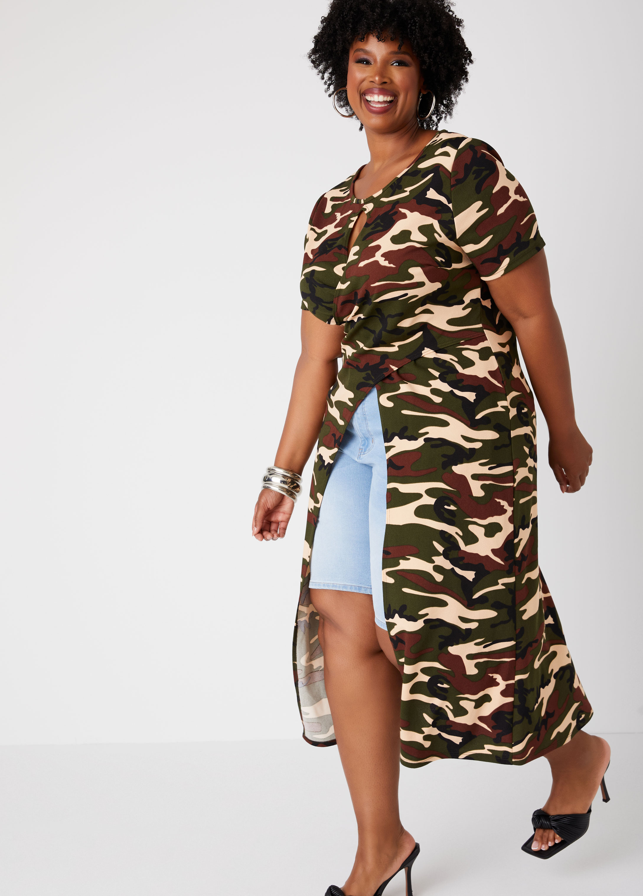 Plus Size Camo Print Crisscross Duster, GREEN, 26/28 - Ashley Stewart