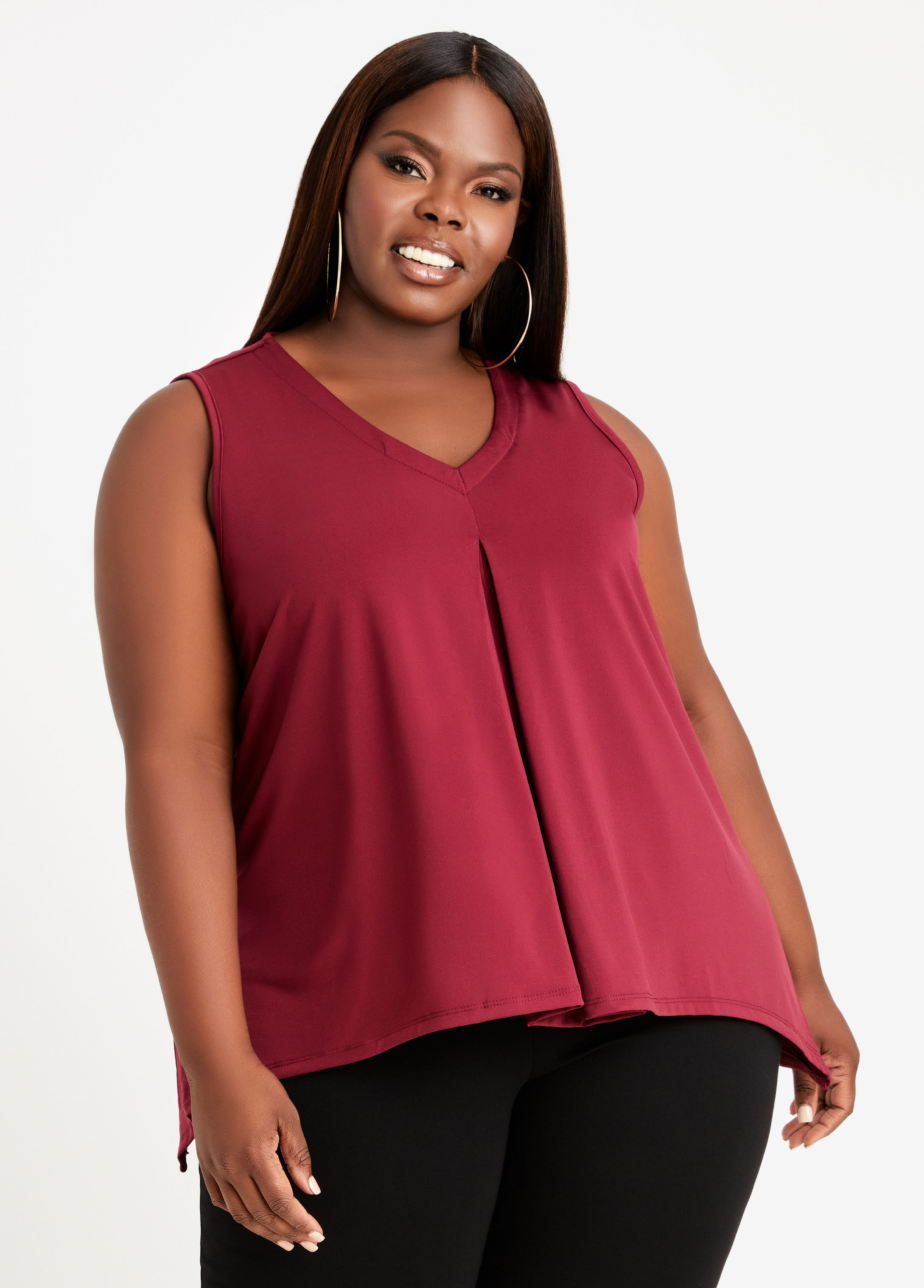 Plus Size V Neck Sleeveless Knit Pleat Front Swing Statement Top