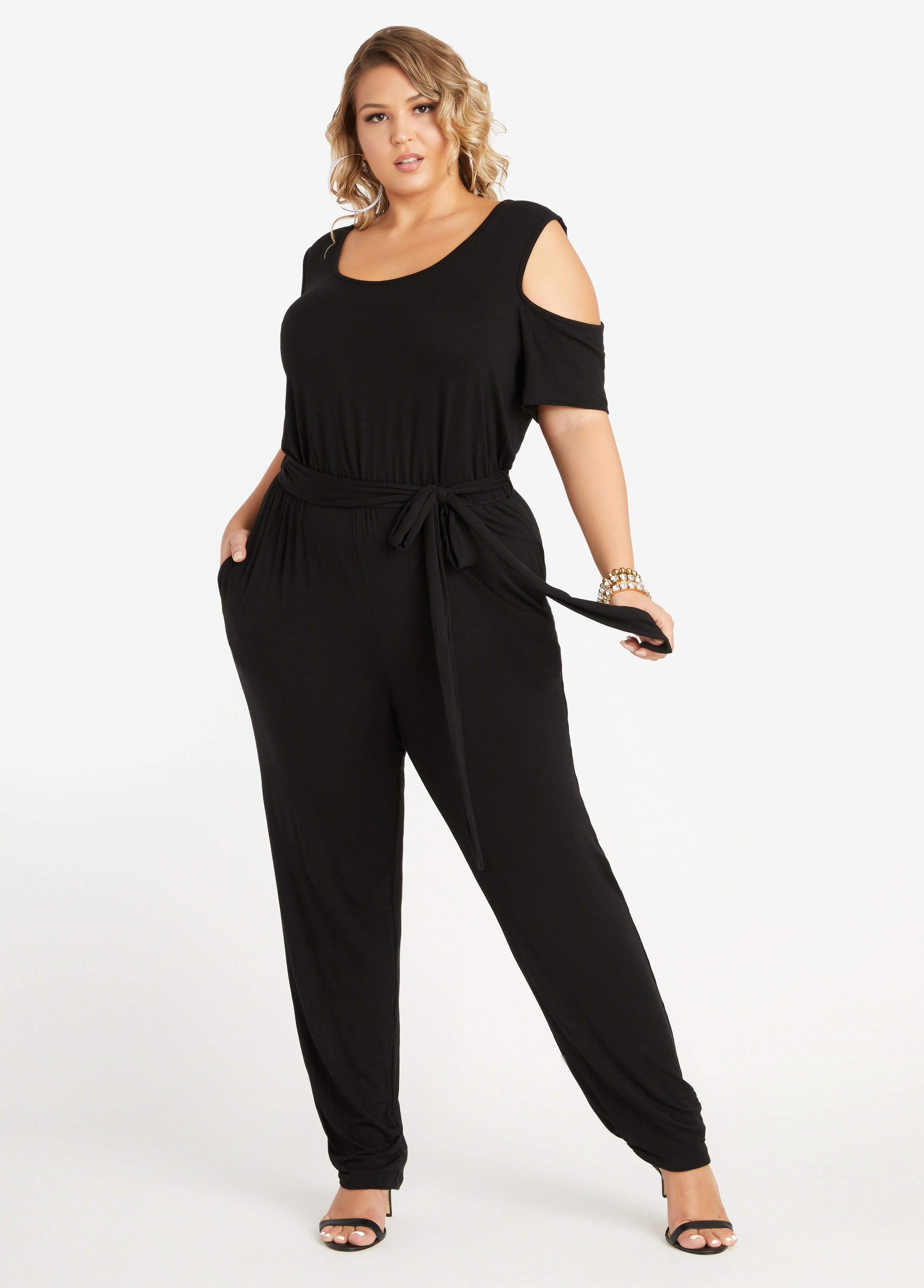 Plus Size Belted Cold Shoulder Stretch Knit Skinny Keyhole Jumpsuit