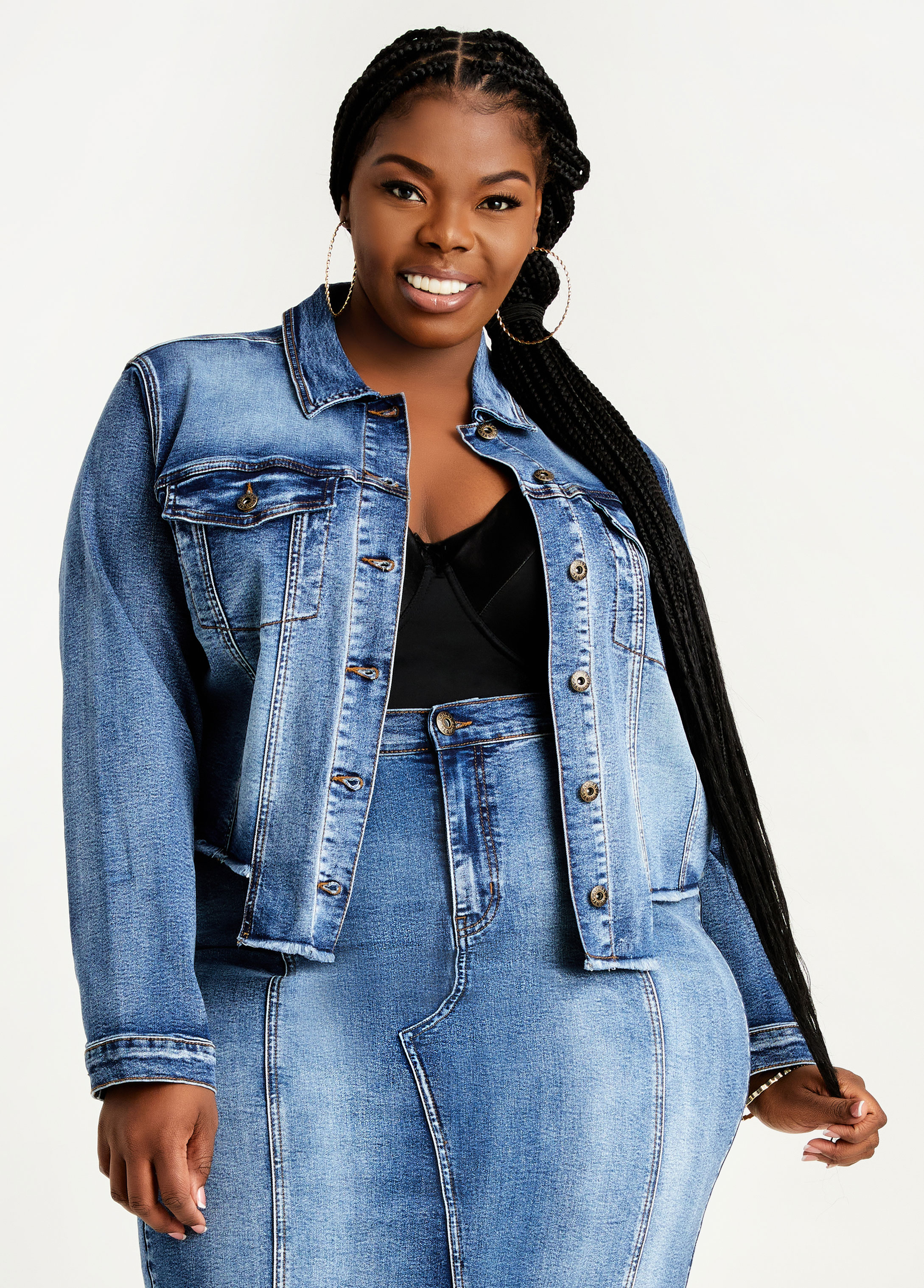 Plus Size Denim Asymmetric Raw Edge High Waist Skirt Crop Jacket Set