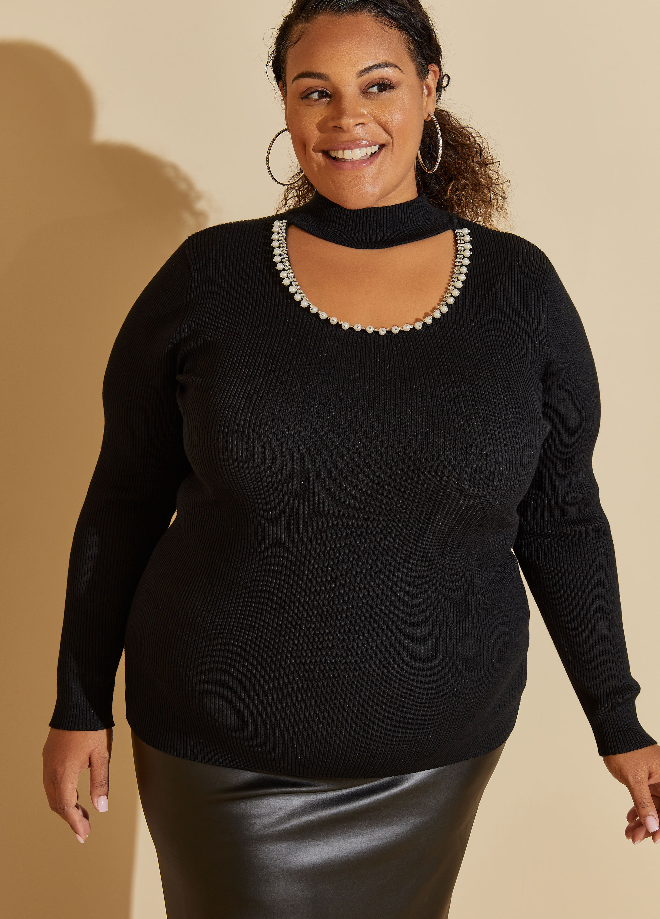 Plus Size Embellished Cutout Ribbed Sweater, BLACK, 26/28 - Ashley Stewart
