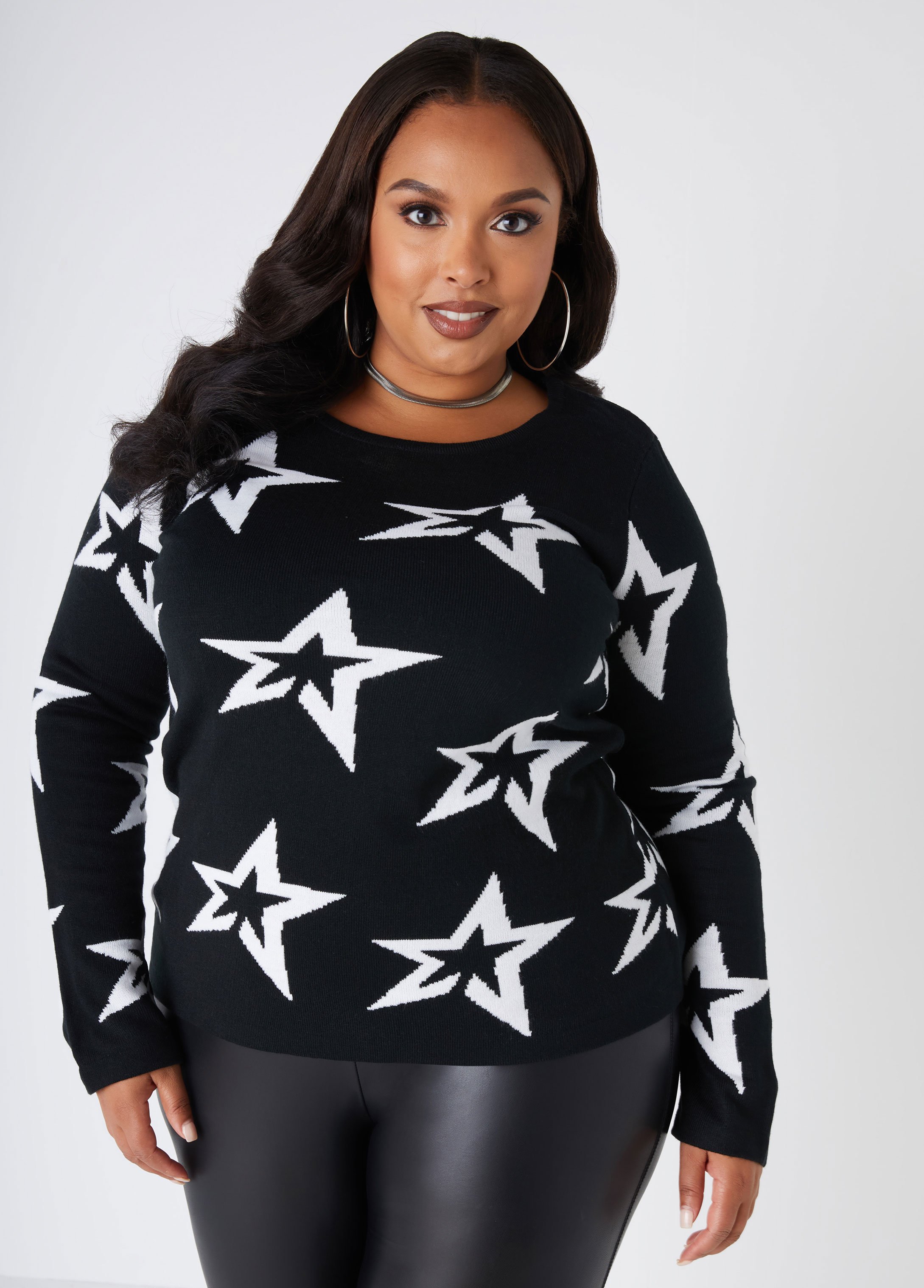 Plus Size Star Jacquard Sweater, BLACK, 14/16 - Ashley Stewart