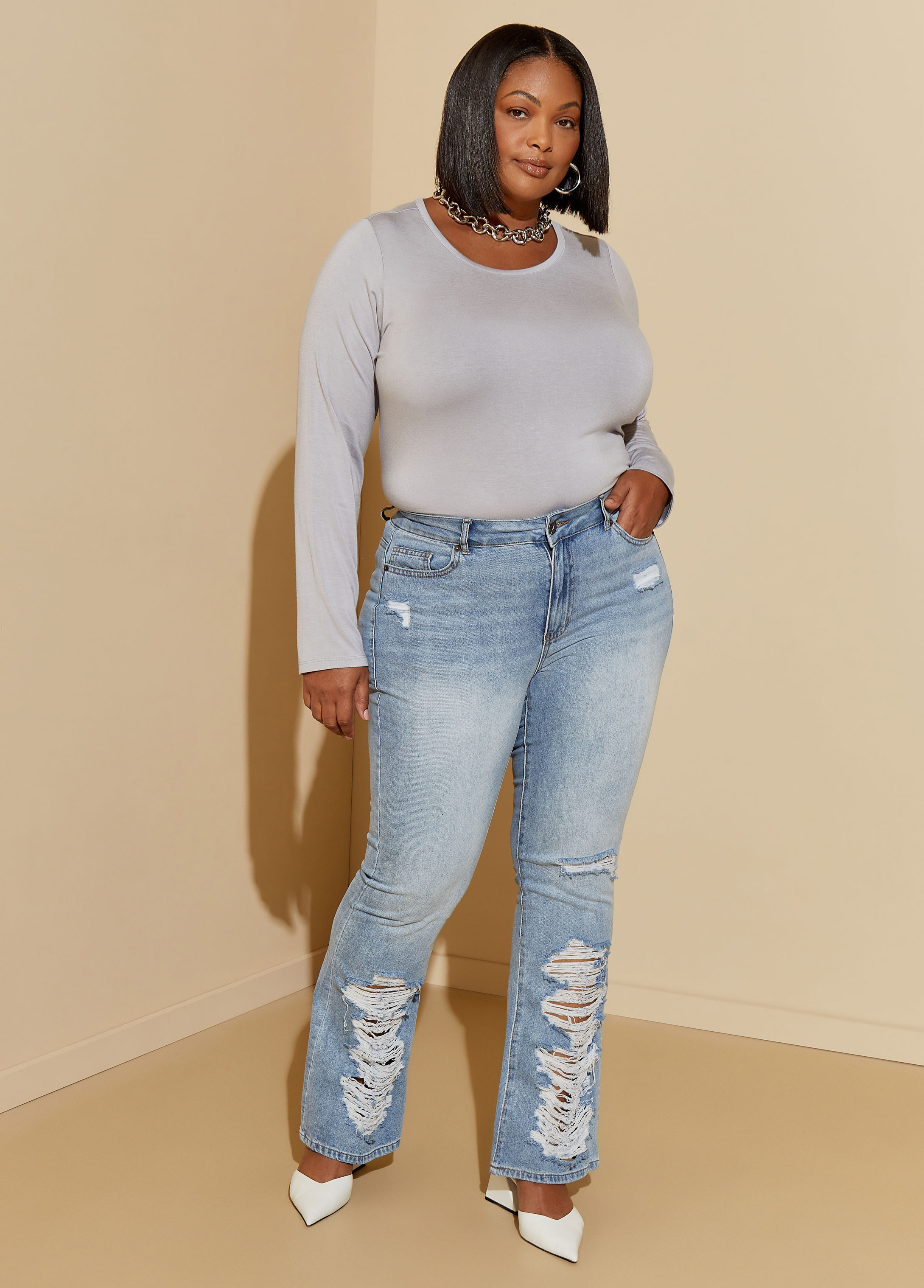 Plus Size Distressed Bootcut Jeans Denim Straight Leg Jean